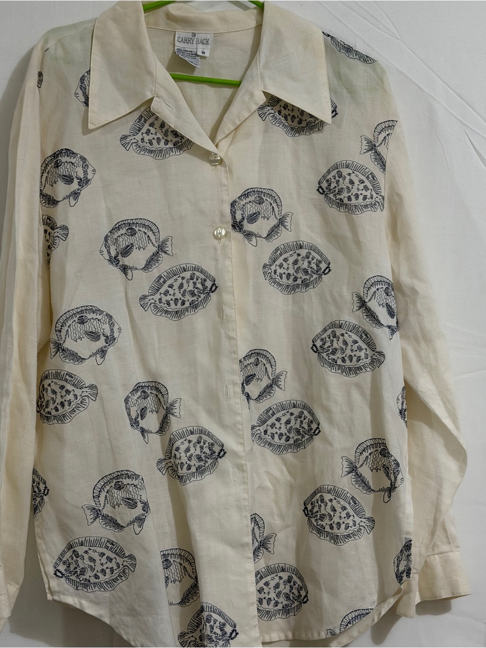 Men's Cream Linen Button-Down Shirt with Navy Fish Print